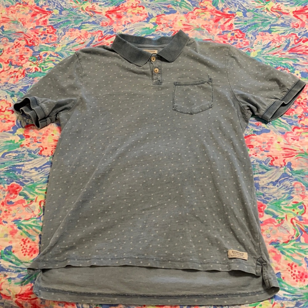 Indigo cotton polo by Heritage brand. Report collection. Polka dot pattern